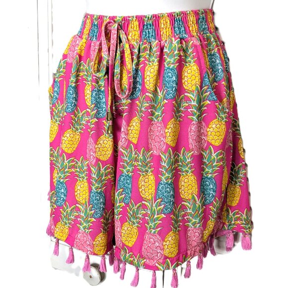 Simply Southern Pants - Simply Southern Pink Pineapple Shorts L/XL Fringe Tassel Pull On Tropical